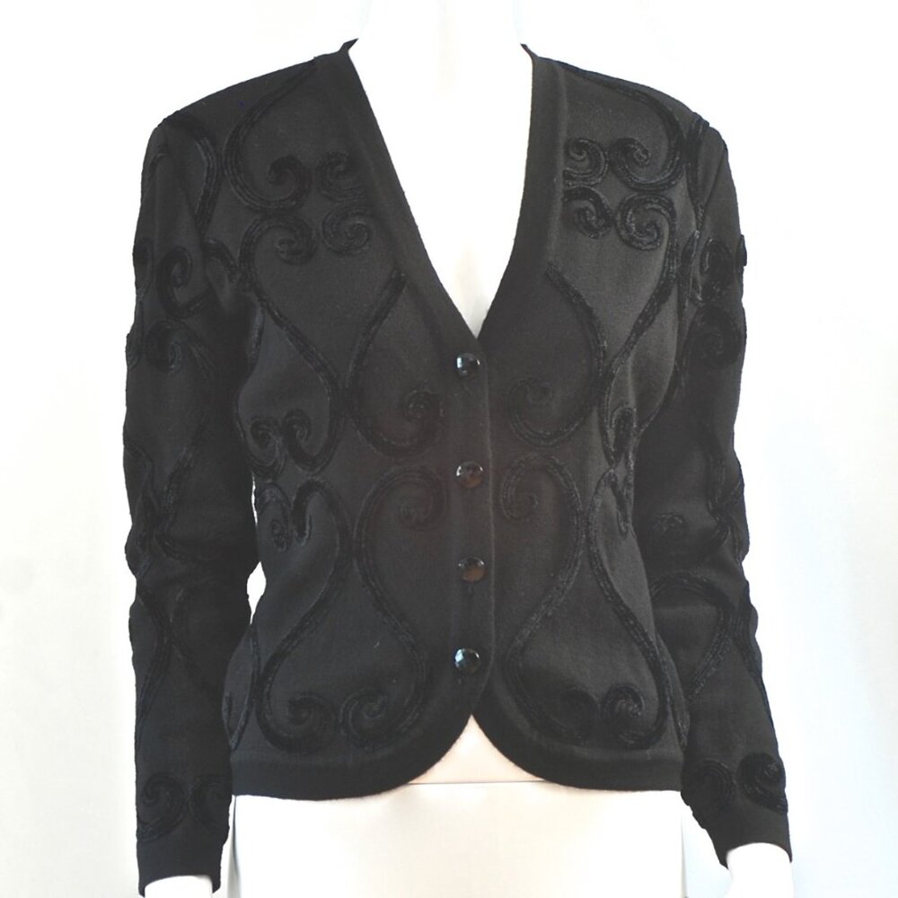 Celine Paris Wool Cardigan With Velvet Ribbon Appliques - Italy